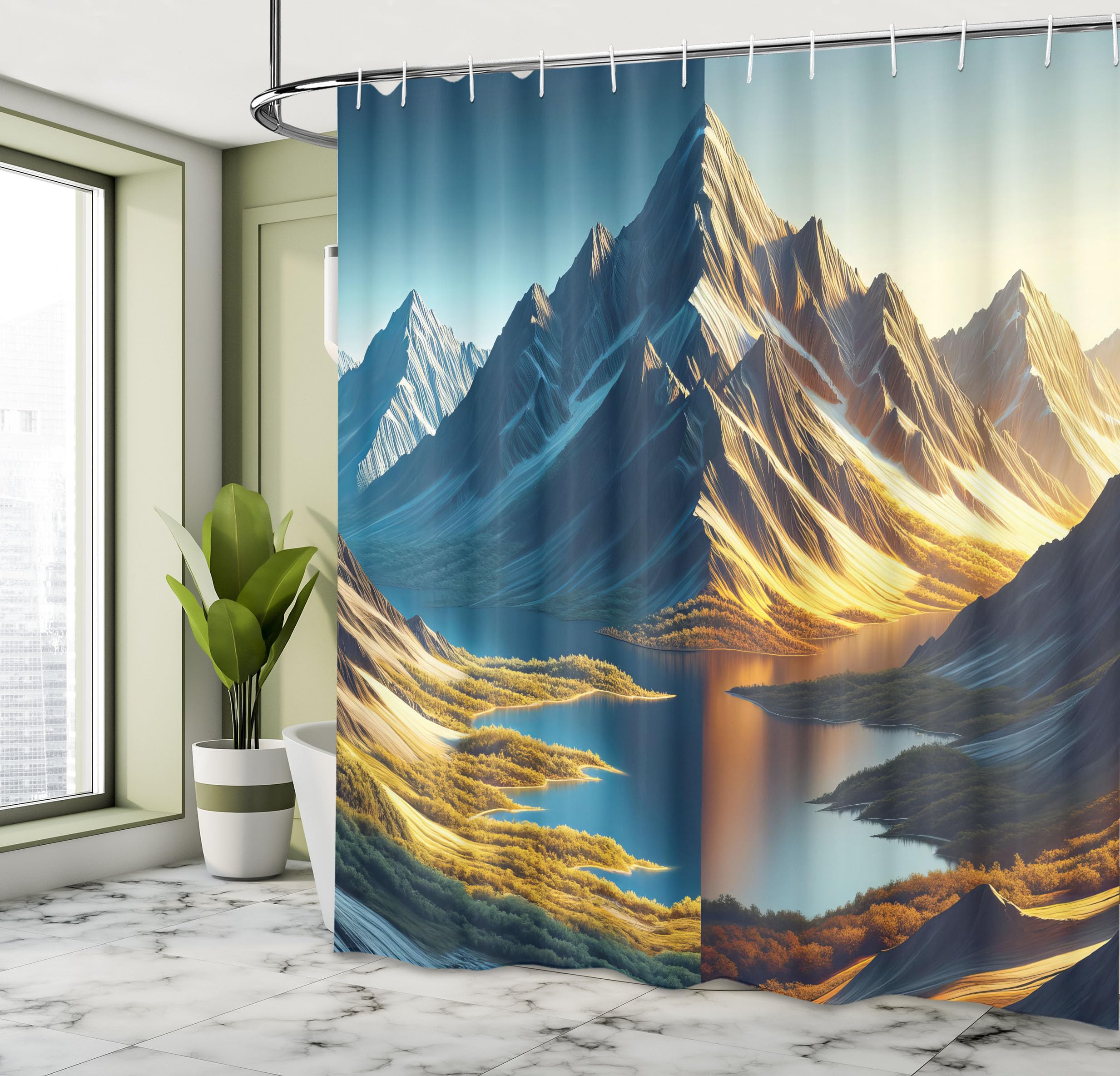 Ambesonne Lake Shower Curtain, Dreamy Art Of Snowy Mountain Panorama With Sunny Shades And Greenery Meadows, Cloth Fabric Bathro